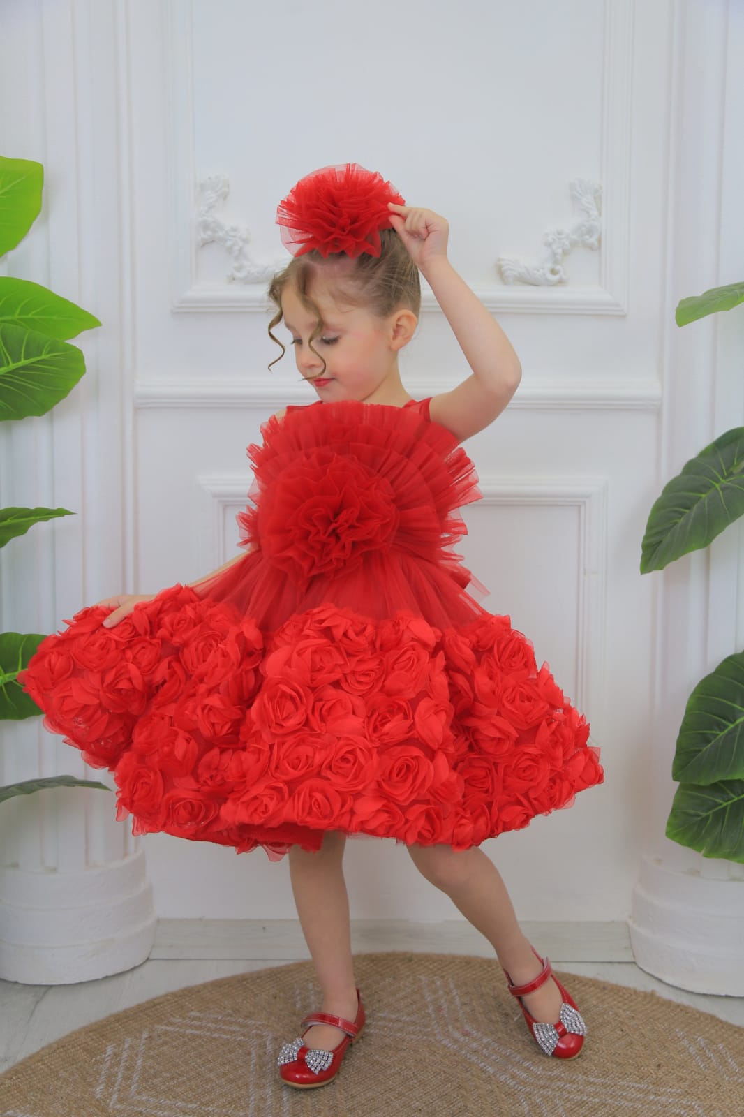 Kids Red Flared Dress With Hair Piece