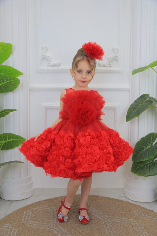 Kids Red Flared Dress With Hair Piece