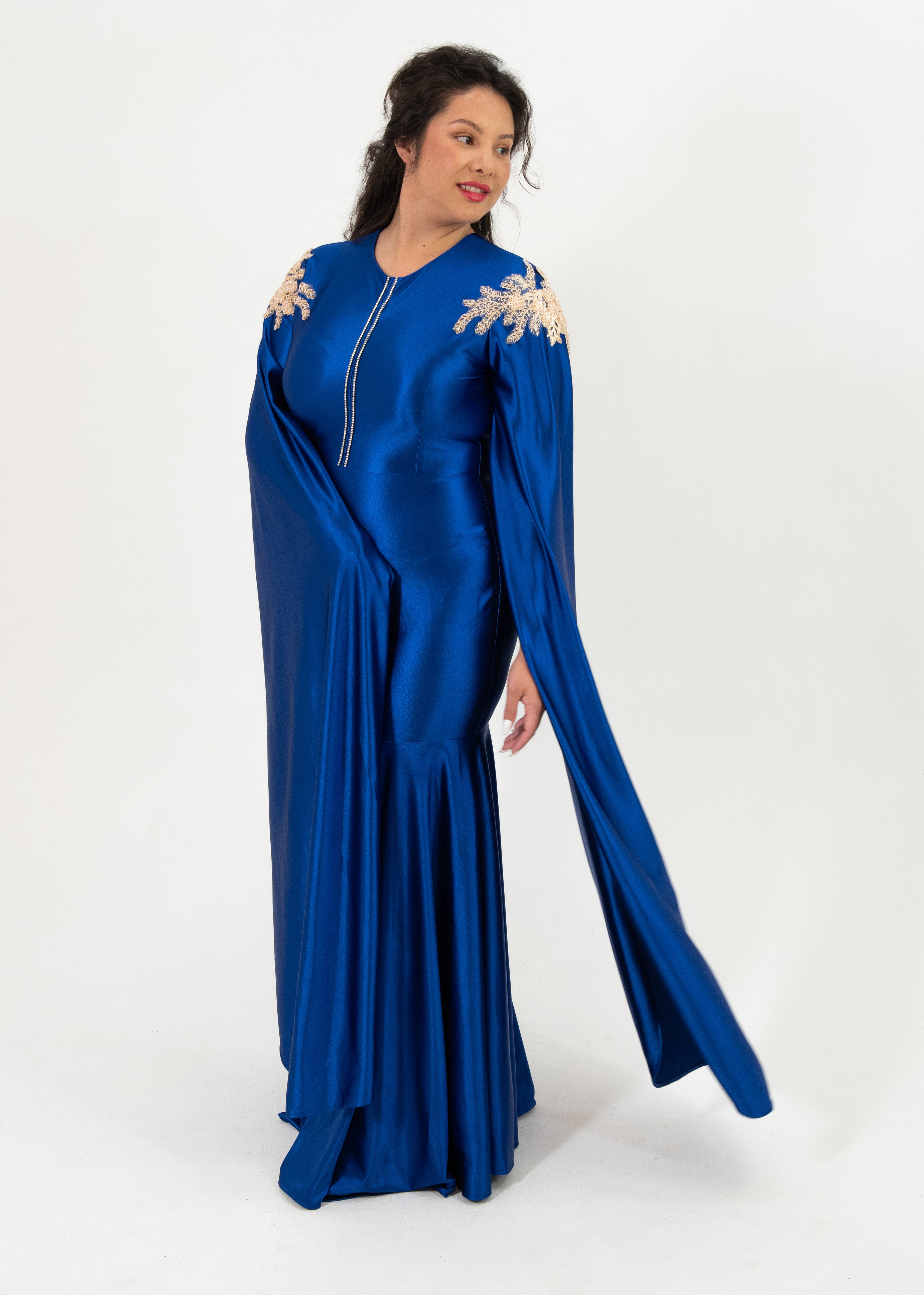 Her Majesty Loice Stretch Satin Cape Gown