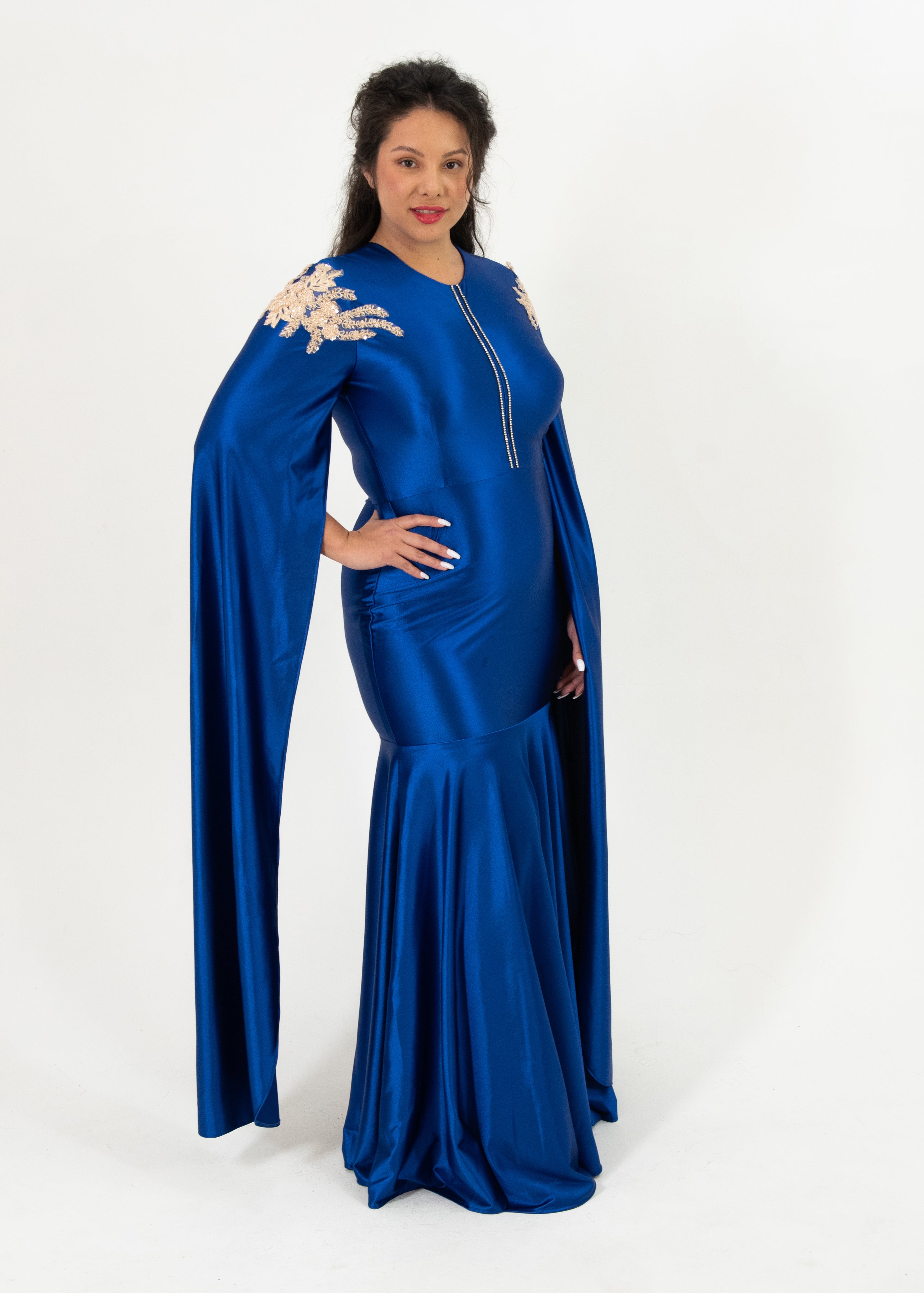 Her Majesty Loice Stretch Satin Cape Gown