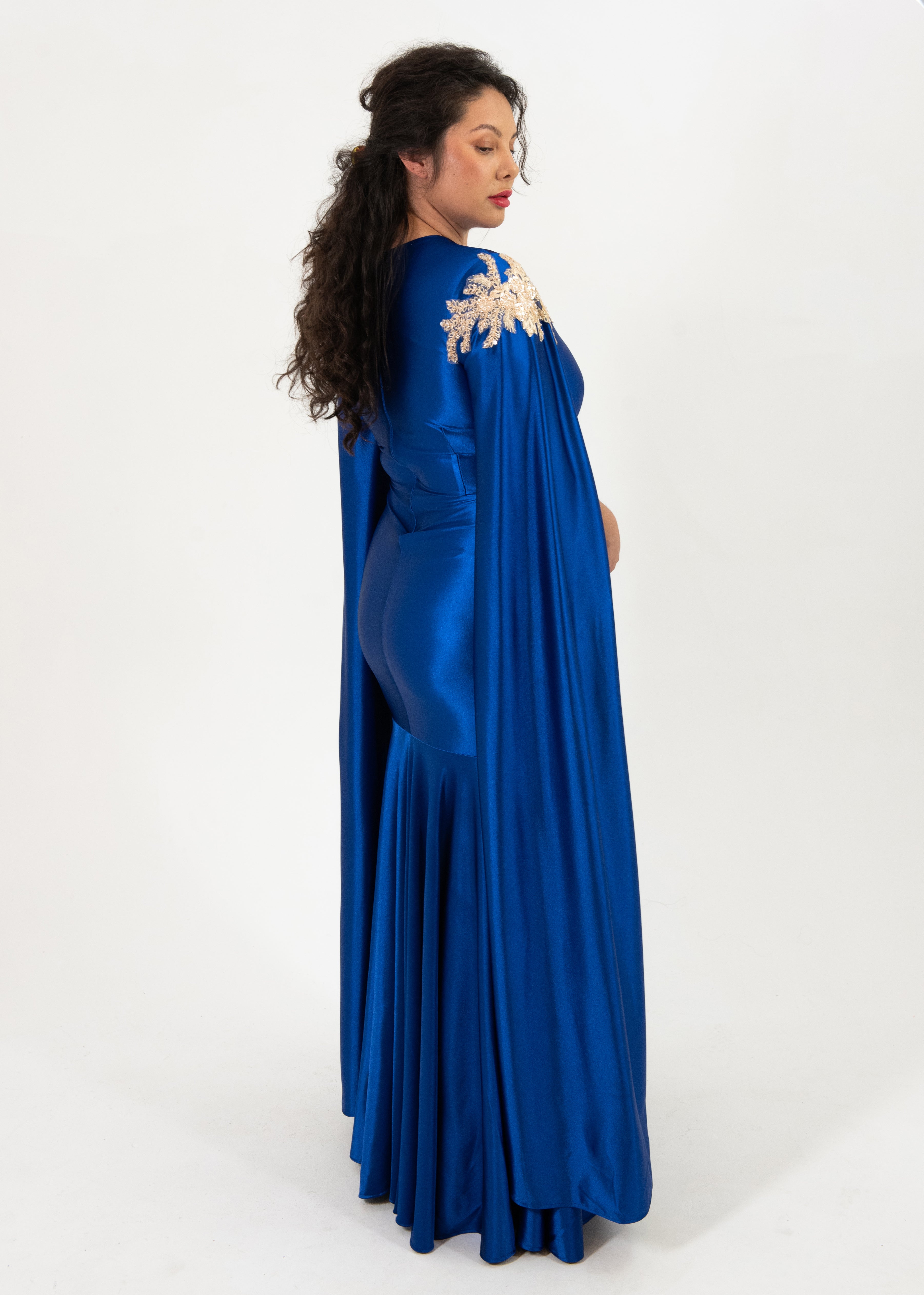 Her Majesty Loice Stretch Satin Cape Gown