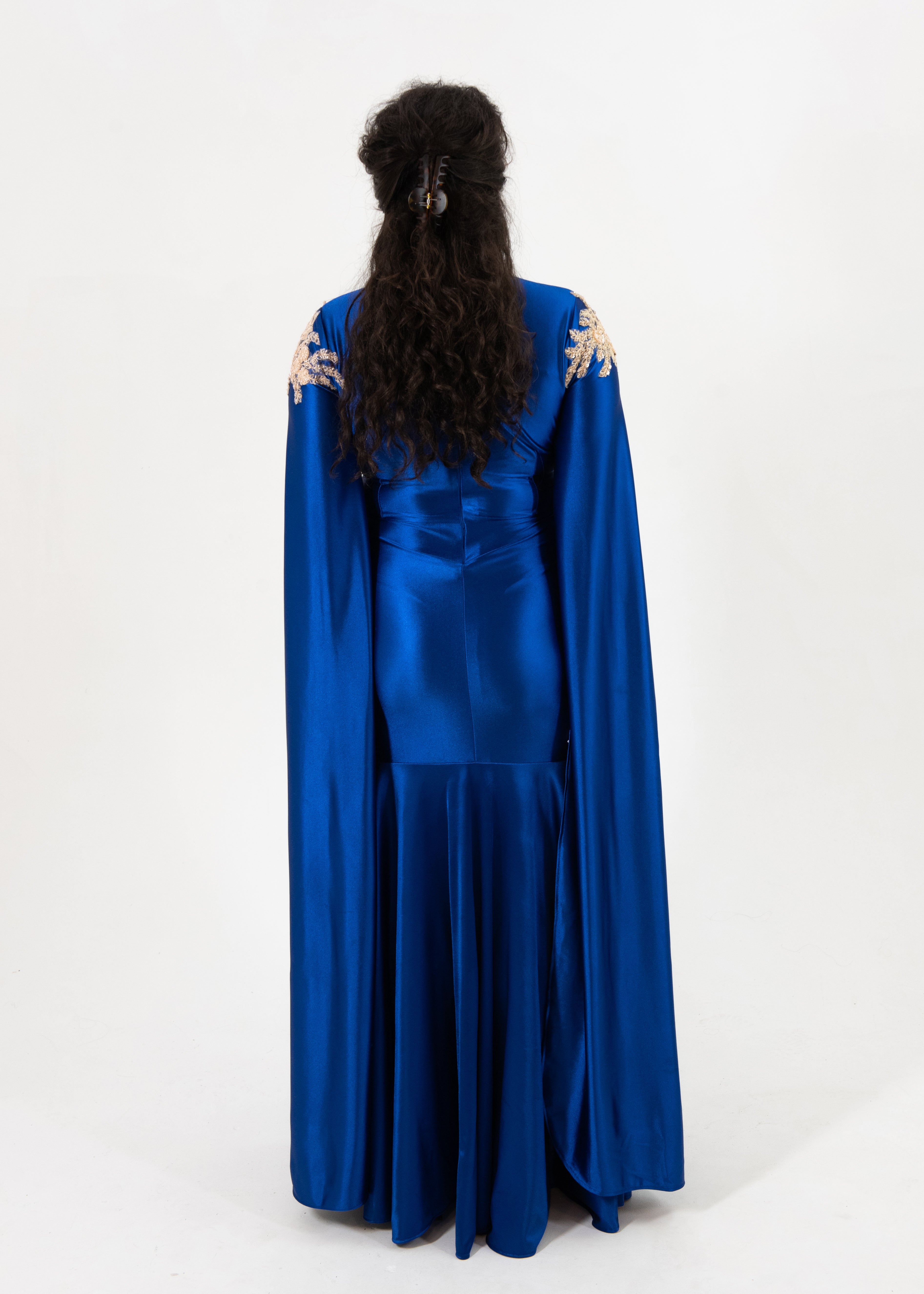 Her Majesty Loice Stretch Satin Cape Gown