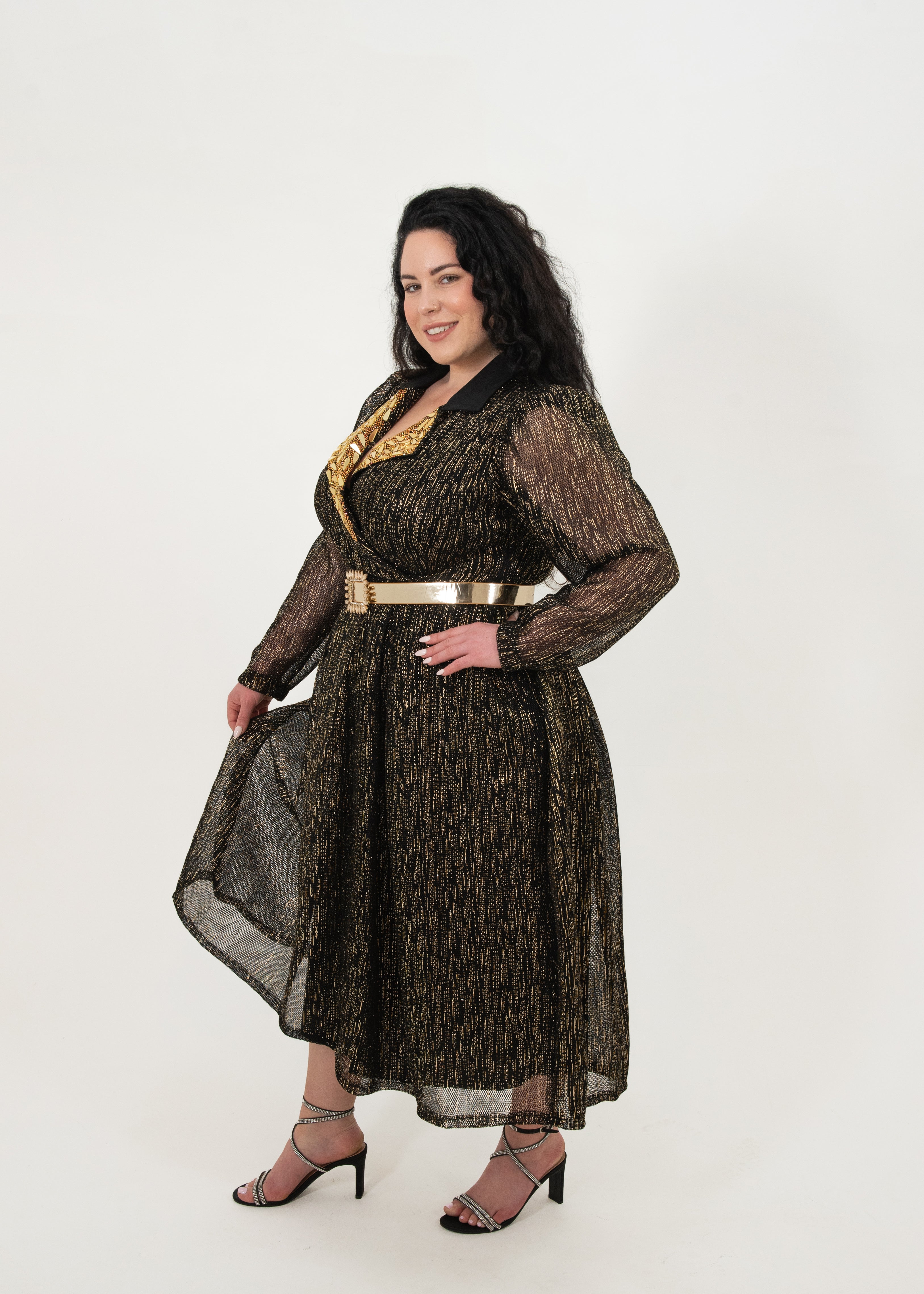 Diana-Glam Belted Gold Accented Black Midi Dress