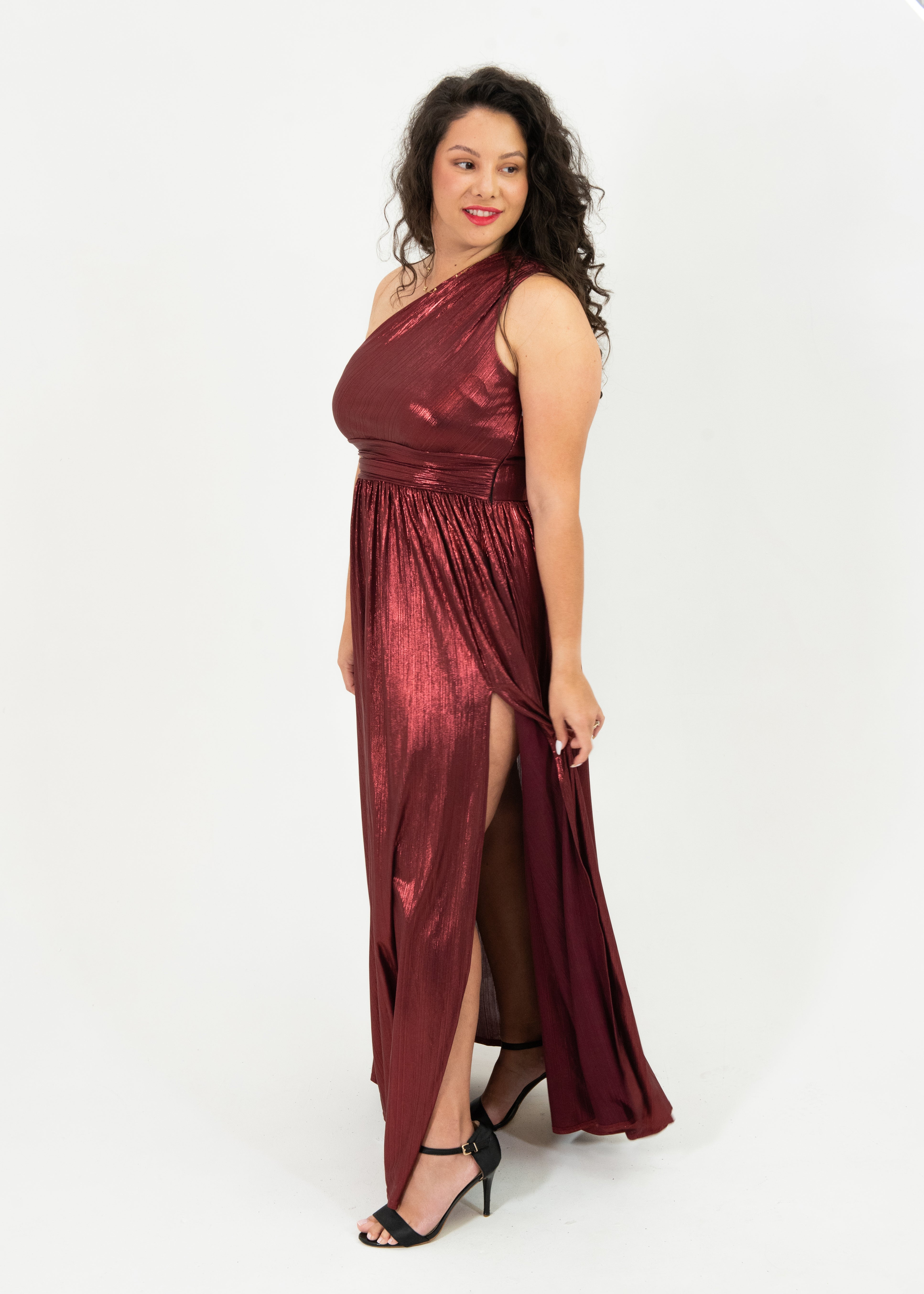 Slinky Foil One Shoulder Maxi Dress